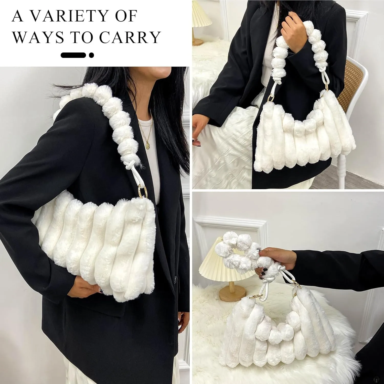 Furry Purse Y2K Fluffy Bags Faux Fur Purses for Women Fuzzy Tote Bag Plush Shoulder Handbags