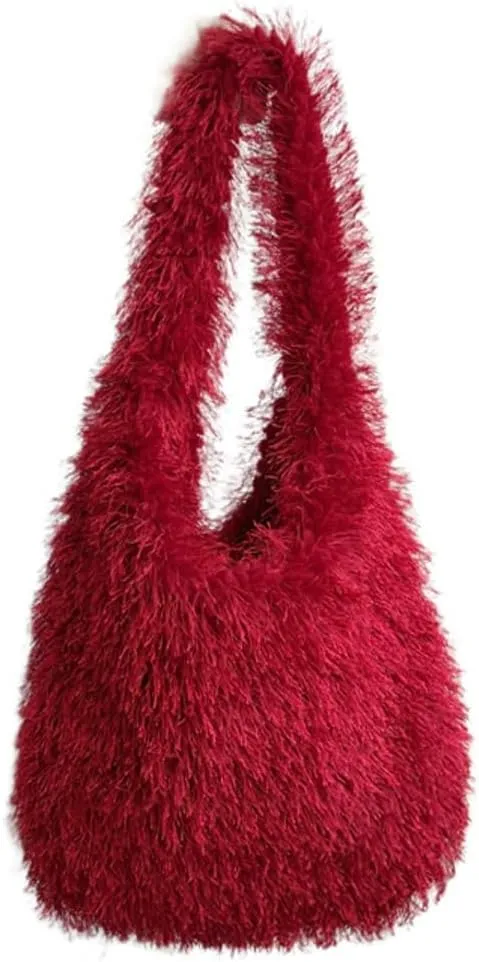 Furry Tote Bag for Women Faux Fur Shoulder Bag Y2k Purse Fluffy Large Fuzzy Handbags Cute Solid Top Handle Satchels