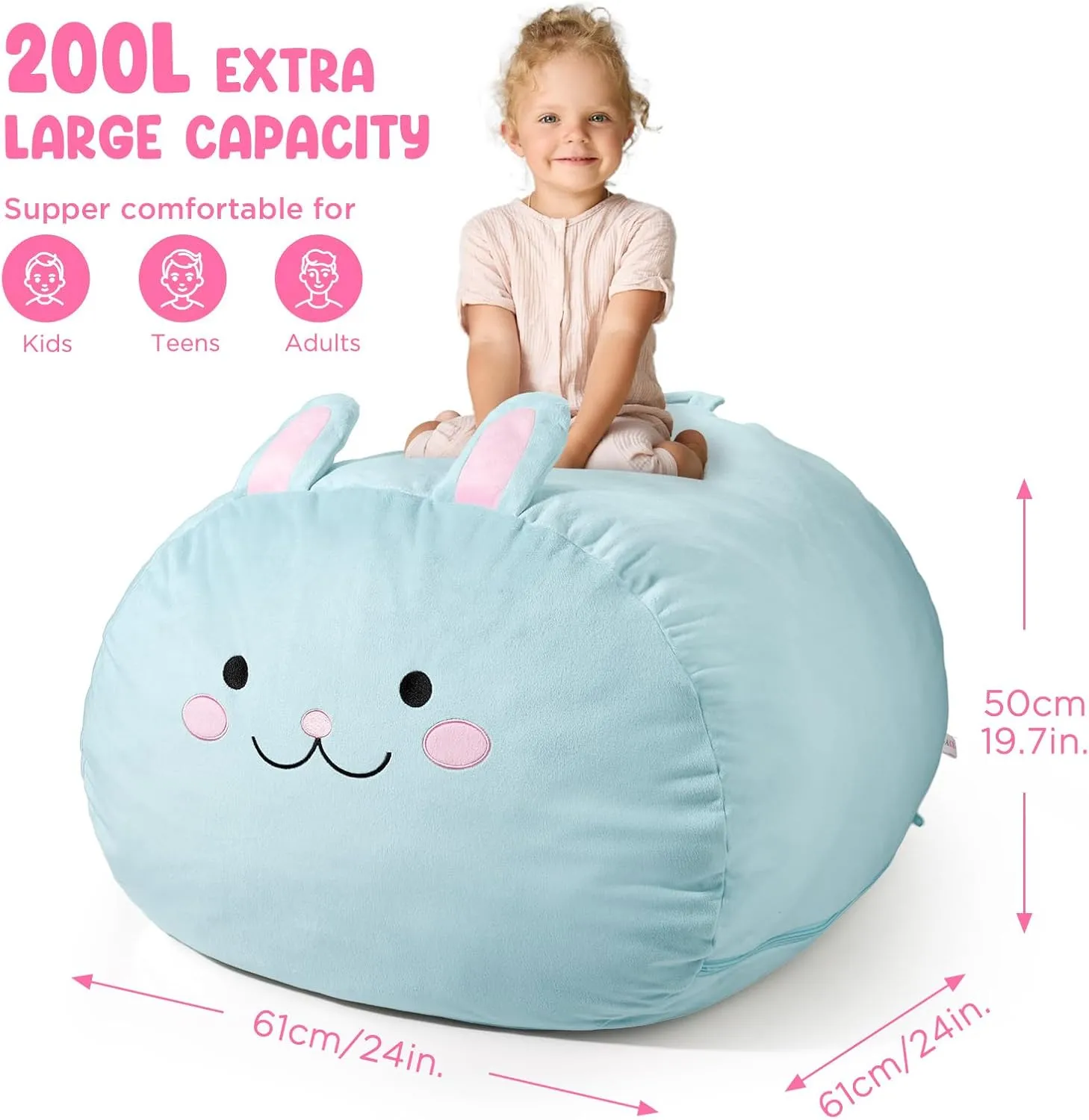 GAGAKU Stuffed Animal Toy Storage Cover, 24 Inches Kids Rabbit Zipper Bean Bag for Organizing Plush Toys Home Supplies (Cover Only, Crystal Blue)