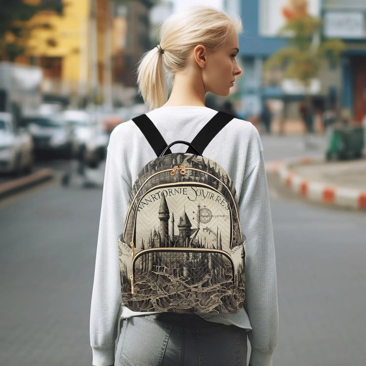 GAIGEO Tower and Palace Map Art Print Woman's Fashion Backpack, Women's Travel Backpack for Airplane, Backpack Bags for Women, S