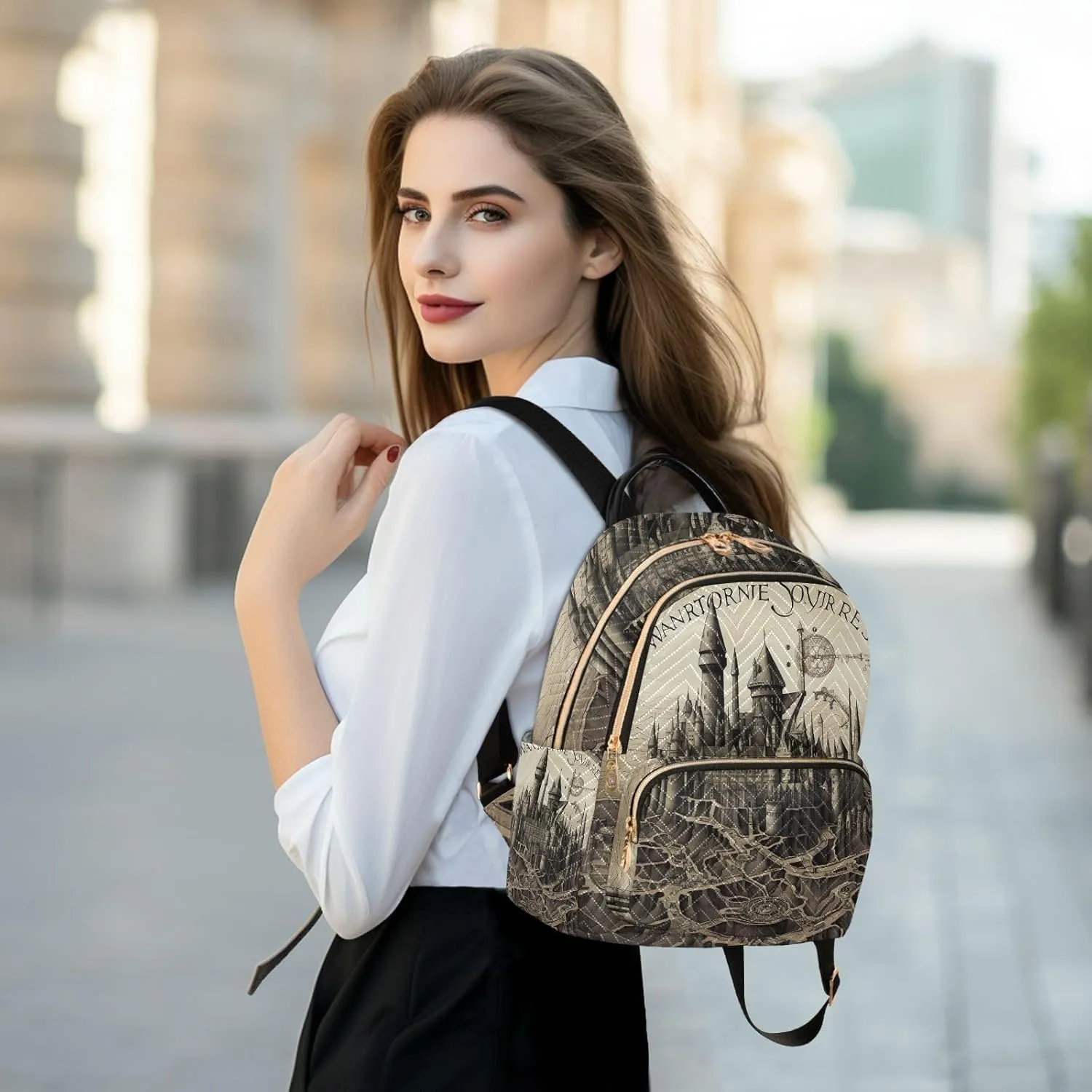 GAIGEO Tower and Palace Map Art Print Woman's Fashion Backpack, Women's Travel Backpack for Airplane, Backpack Bags for Women, S