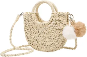 Garemcy Summer Beach bag Women's Straw Crossbody Bag Mini Travel Shoulder Bag Handmade Straw Tote Bag Womens Handbag