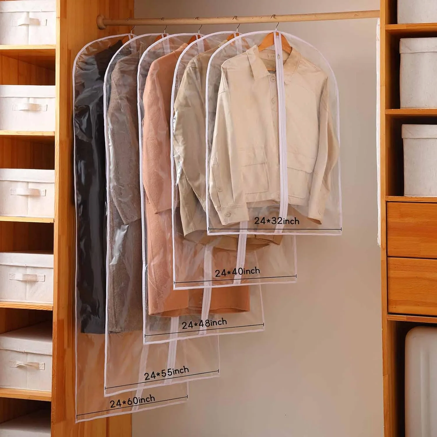 Garment Bags for Hanging Clothes, 6 PCs All Clear Garment Bag, Plastic Dustproof Suit Bag, Coat Protector Zippered Garment Covers for Closet Storage and Travel - 24'' x 40''/6 Pack