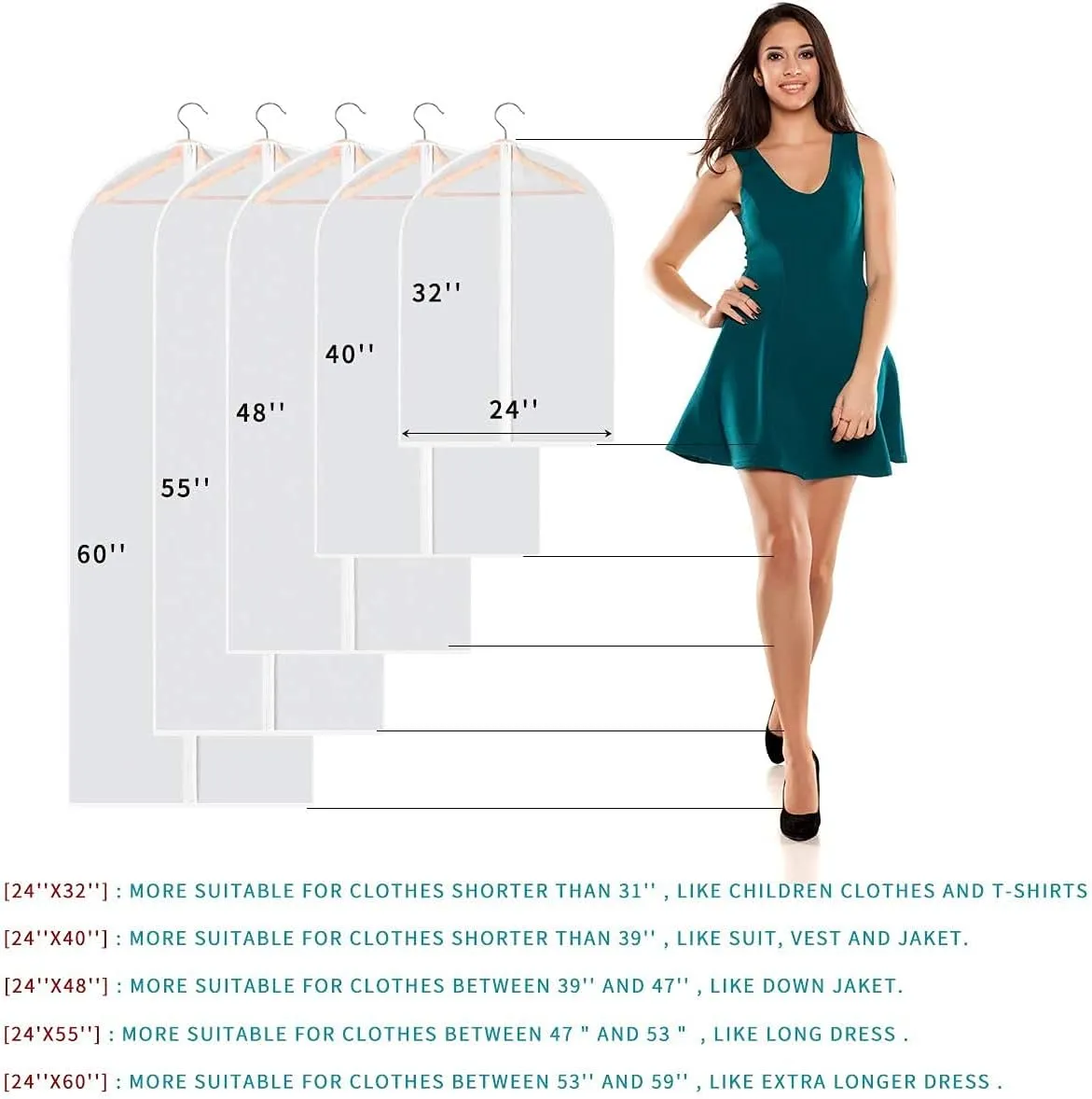 Garment Bags for Hanging Clothes, 6 PCs All Clear Garment Bag, Plastic Dustproof Suit Bag, Coat Protector Zippered Garment Covers for Closet Storage and Travel - 24'' x 40''/6 Pack