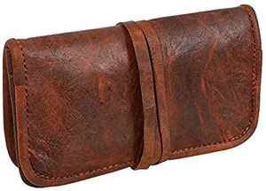 Genuine Leather Tobacco Smoking Pipe Bags Stash Case Medicine Lock Bag Make-Up Wrap Case Stationery Battery Headphone Holder Travel Storage Container Vintage Brown Unisex Pouch