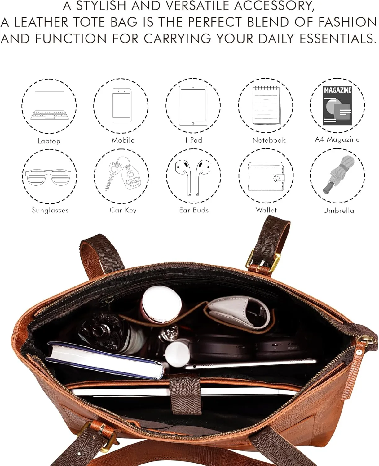 Genuine Leather Tote Bags for Women, Laptop Handbags, Women's Shoulder Bag, For Office, Travel, Shopping, Adjustable Strap