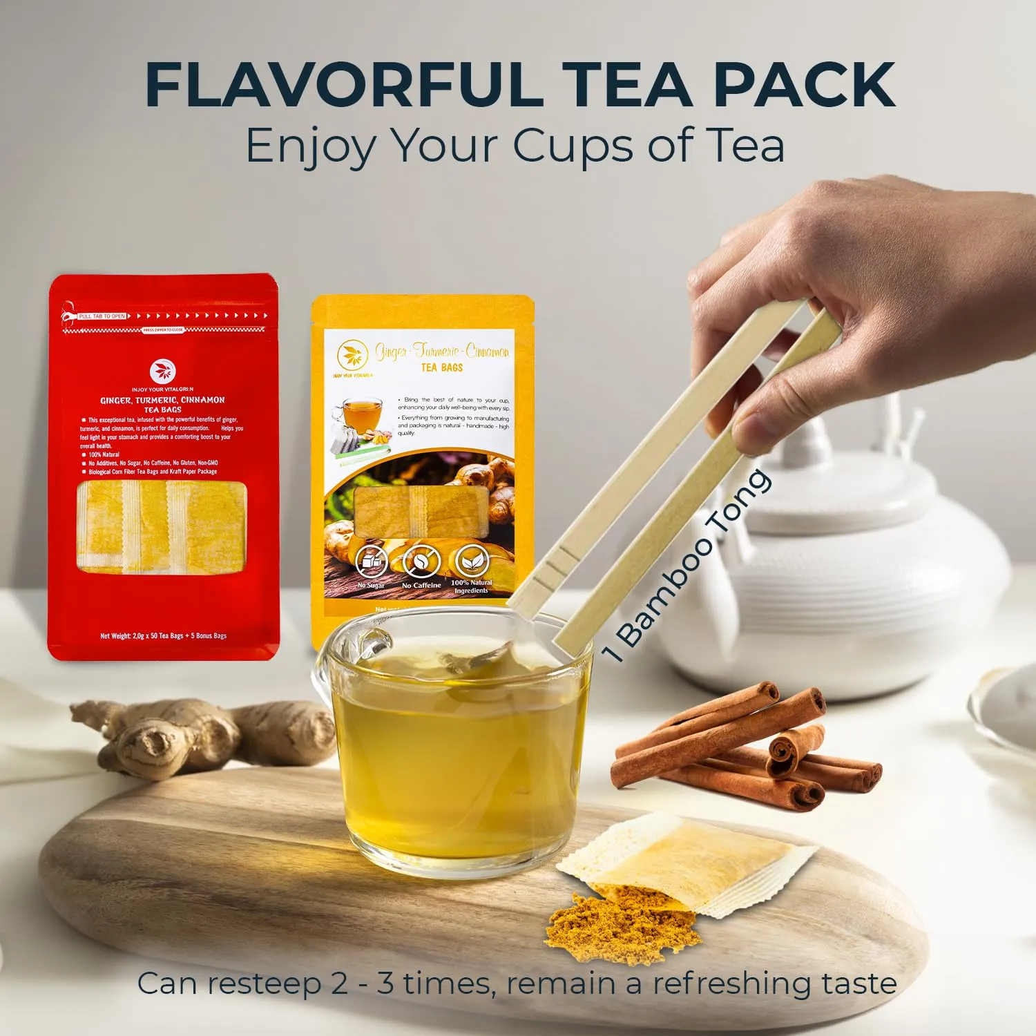 Ginger Cinnamon Turmeric White Package with Bamboo Tong - 55 Count ( 5 Tea Bags), 5.47 oz, Re-Steep Corn Based Tea Bags, No Sugar Added, Natural Herbal Tea for Body Warm, Relax, Refreshing