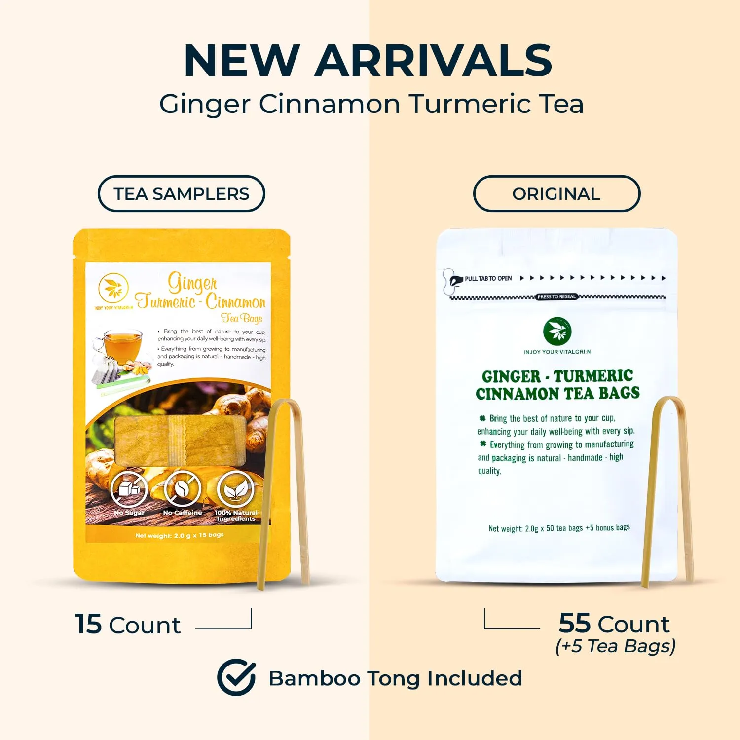 Ginger Cinnamon Turmeric White Package with Bamboo Tong - 55 Count ( 5 Tea Bags), 5.47 oz, Re-Steep Corn Based Tea Bags, No Sugar Added, Natural Herbal Tea for Body Warm, Relax, Refreshing
