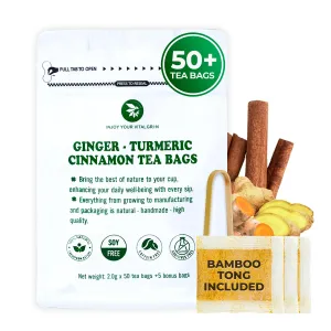 Ginger Cinnamon Turmeric White Package with Bamboo Tong - 55 Count ( 5 Tea Bags), 5.47 oz, Re-Steep Corn Based Tea Bags, No Sugar Added, Natural Herbal Tea for Body Warm, Relax, Refreshing