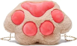 Girls Cute Plush Crossbody Bag Kawaii Cat's Paw Shoulder Purse for Women Cell Phone Wallet Handbags Brown
