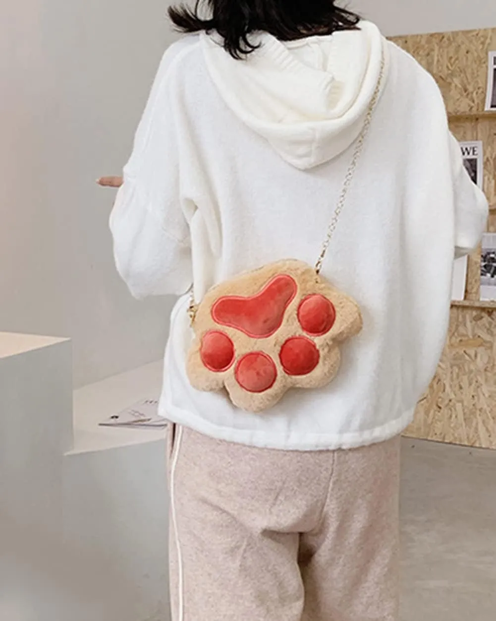 Girls Cute Plush Crossbody Bag Kawaii Cat's Paw Shoulder Purse for Women Cell Phone Wallet Handbags Brown