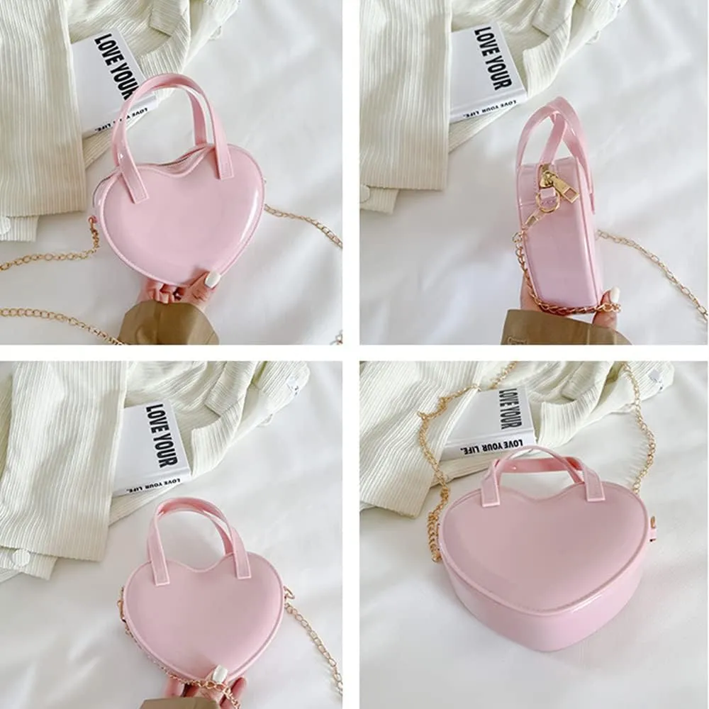 Girls Novelty Heart-Shaped Purse Chain Purse Zipper Closure Tote Handbag Shoulder Crossbody Bags Travel Wallet (Pink)