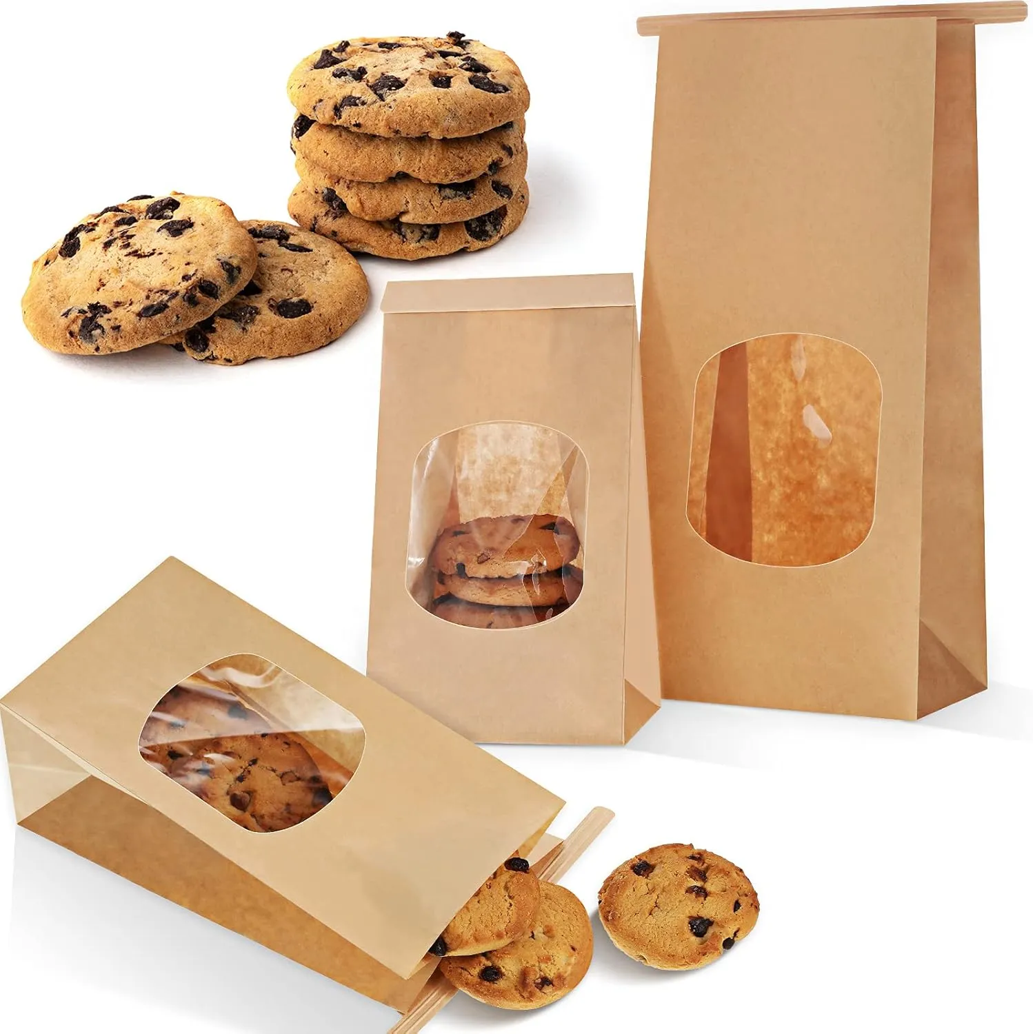 Glenmal 150 Pieces Bakery Bags with Window Kraft Packaging Treat Bag Tin Tie Tab Lock Cookie Bread Paper Coffee Bean Storage for Food Crafts Container (3.54 x 2.36 6.7 Inch), brown