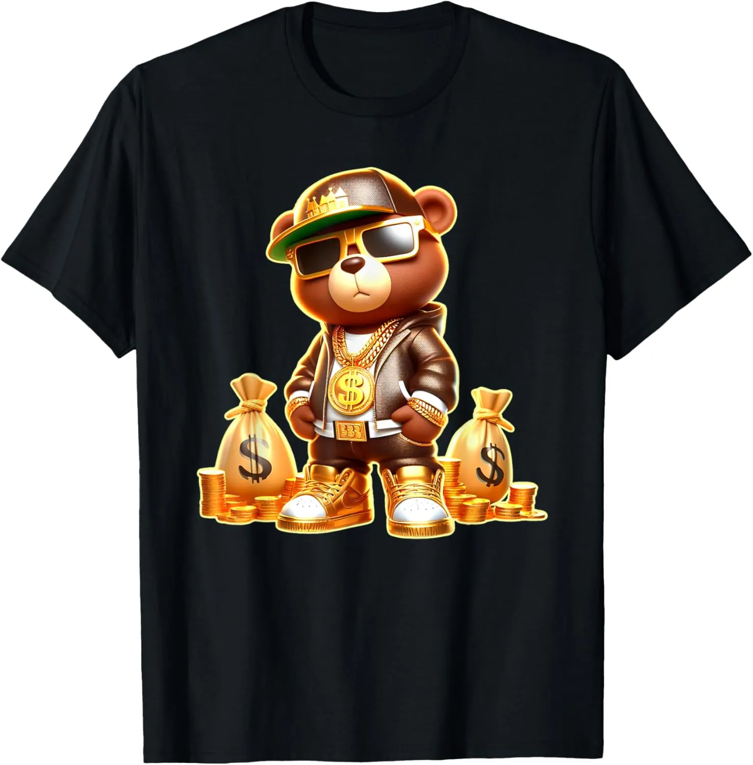 Golden Teddy Bear Boss Money Bags Golden Coins & Chain T-Shirt