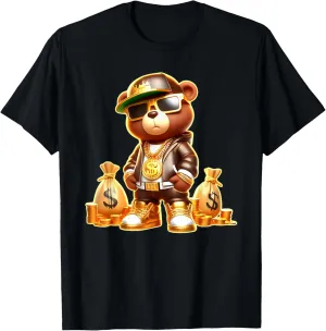 Golden Teddy Bear Boss Money Bags Golden Coins & Chain T-Shirt