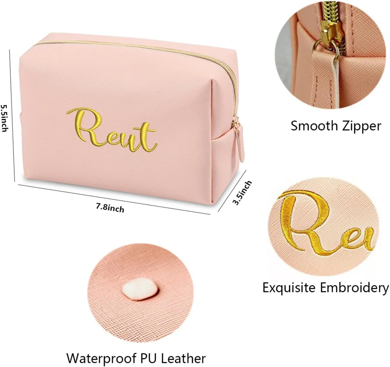 GOPHIE Cusotom Embroidery Travel Makeup Bag Organizer,Cosmetic Bags for Women,Gift For Bachelorette Party, Pink