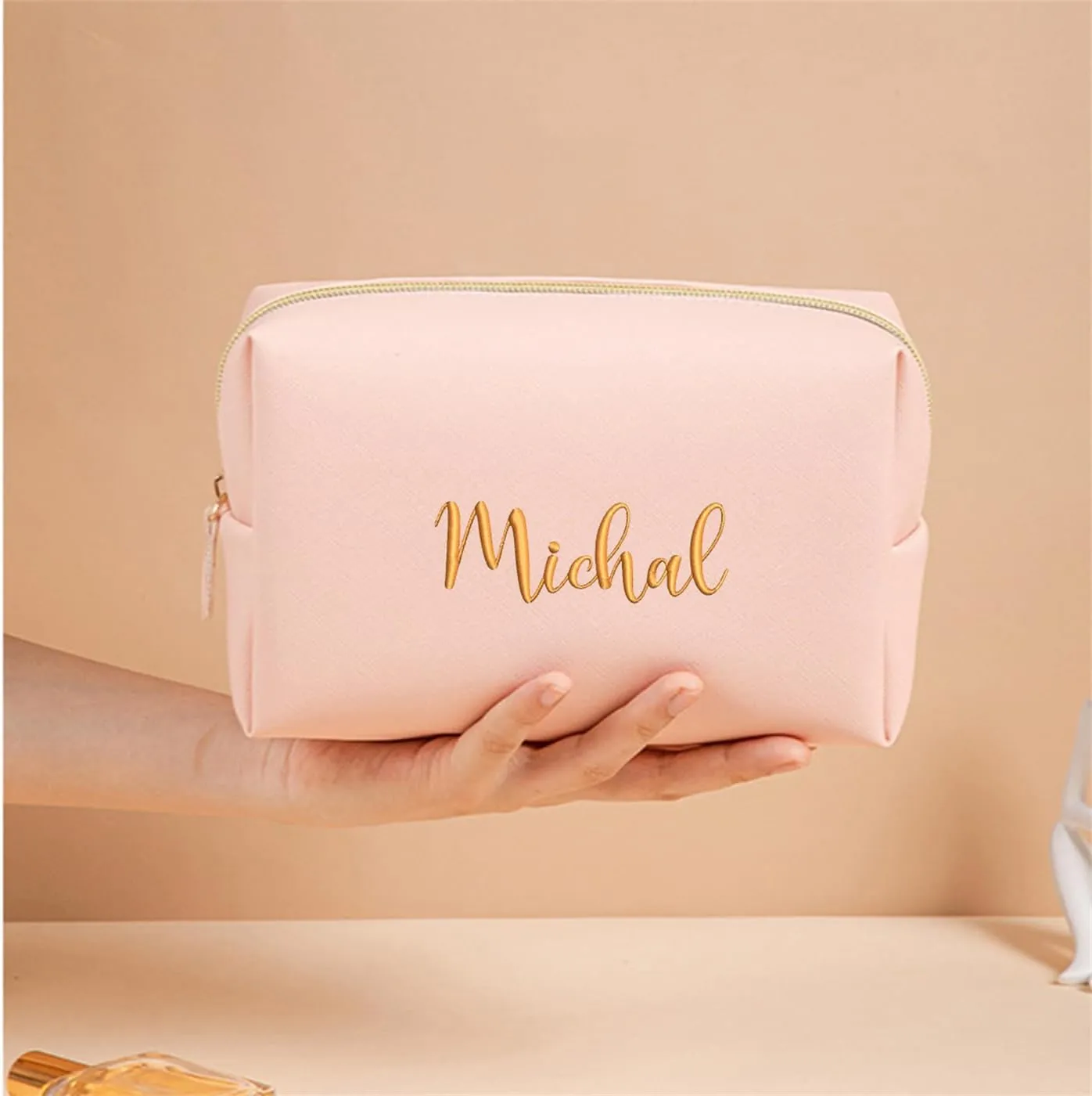 GOPHIE Cusotom Embroidery Travel Makeup Bag Organizer,Cosmetic Bags for Women,Gift For Bachelorette Party, Pink