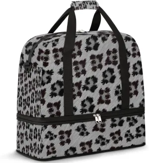 Grayscale Leopard Fur Pattern Travel Duffle Bag, Large Sports Gym Bag with Shoe Compartment, Carry on Tote Bag, Foldable Weekender Overnight Bag for Women Men