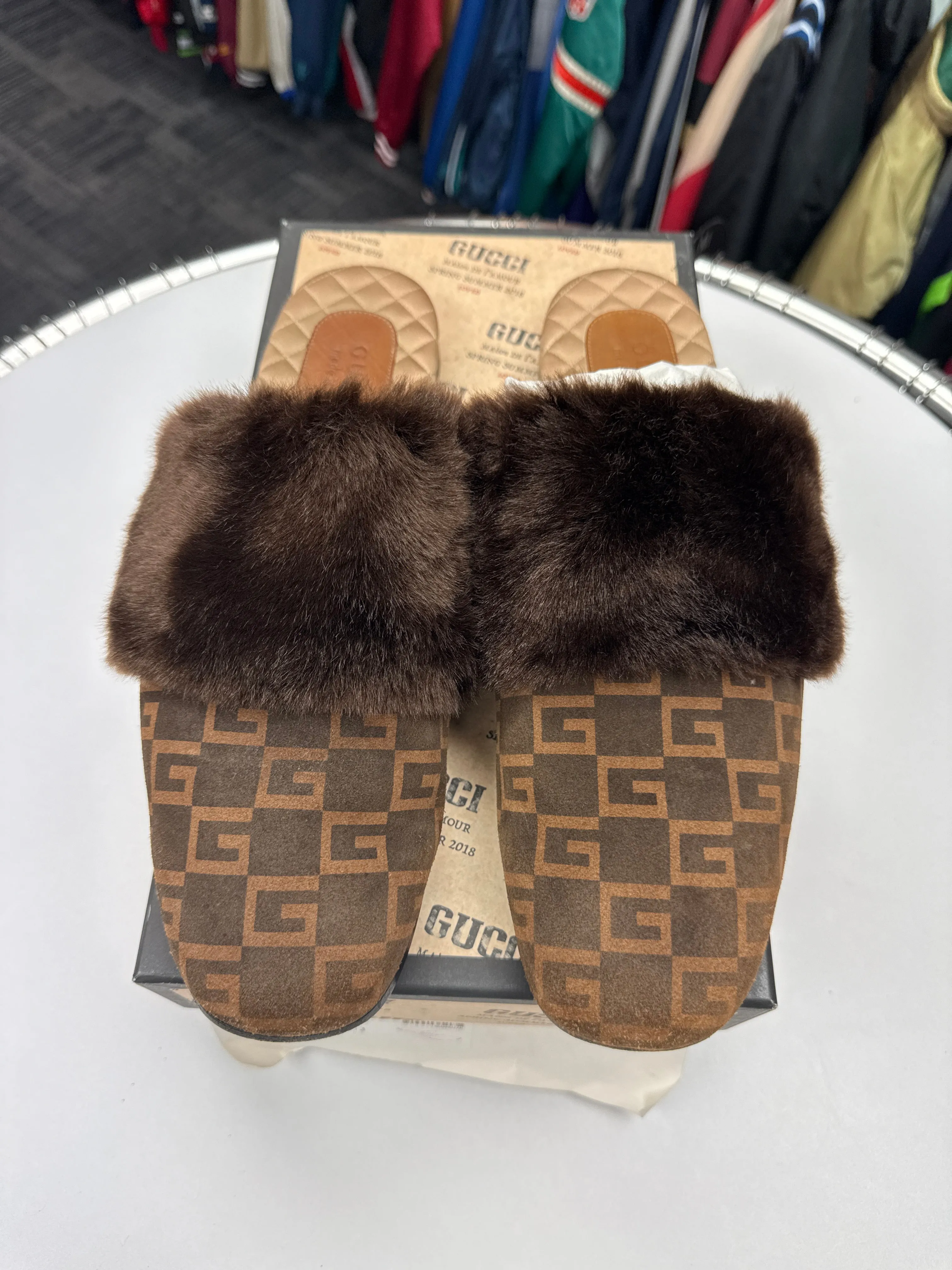 Gucci Square G Lawrence Faux Fur Slippers