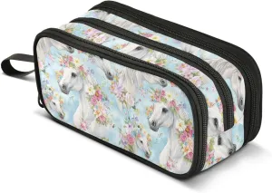 GuoChe Flowers Horses Nylon Big Pencil Bag Large Capacity Pencil Case For Teen Stationery for Preppy School Teen