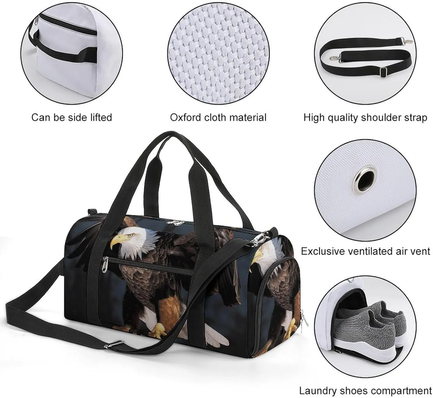 Gym Bag 3D Bald Eagle Duffel Bag for Men Women Travel Overnight Bag with Shoe Compartment Workout Bags