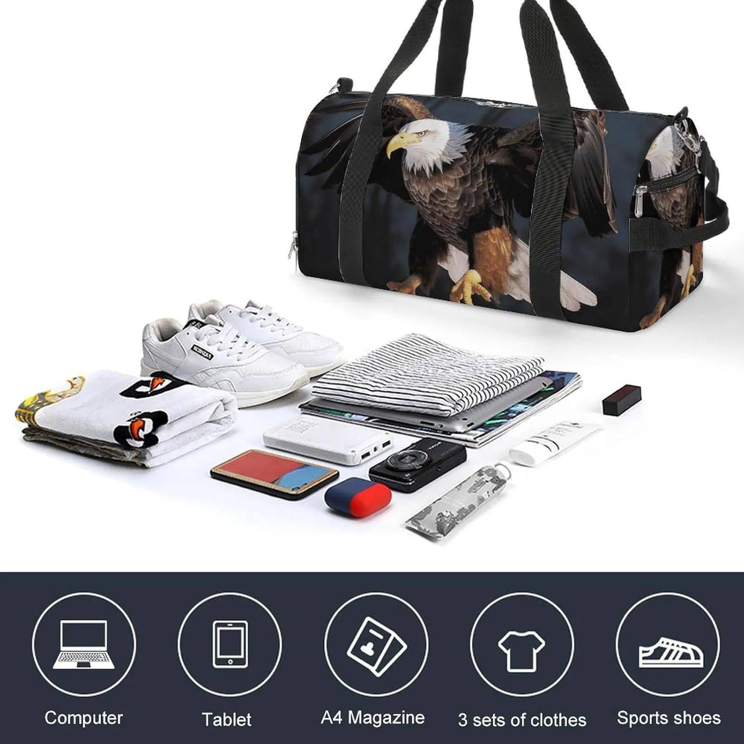 Gym Bag 3D Bald Eagle Duffel Bag for Men Women Travel Overnight Bag with Shoe Compartment Workout Bags