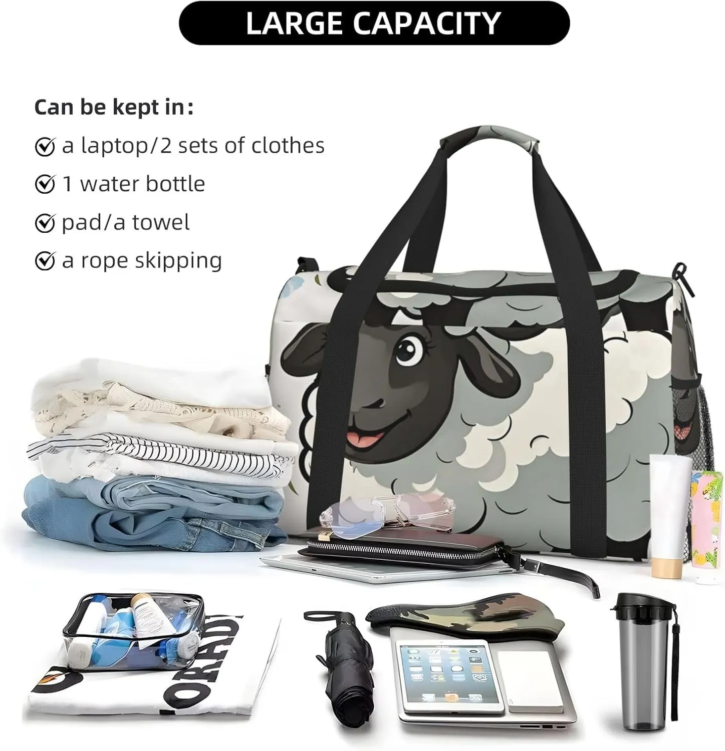 Gym Bag Cartoon Black White Sheep Duffel Bag for Men Women Travel Overnight Bag with Shoe Compartment Workout Bags