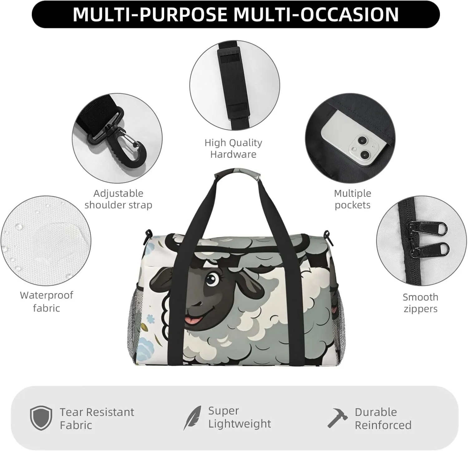 Gym Bag Cartoon Black White Sheep Duffel Bag for Men Women Travel Overnight Bag with Shoe Compartment Workout Bags