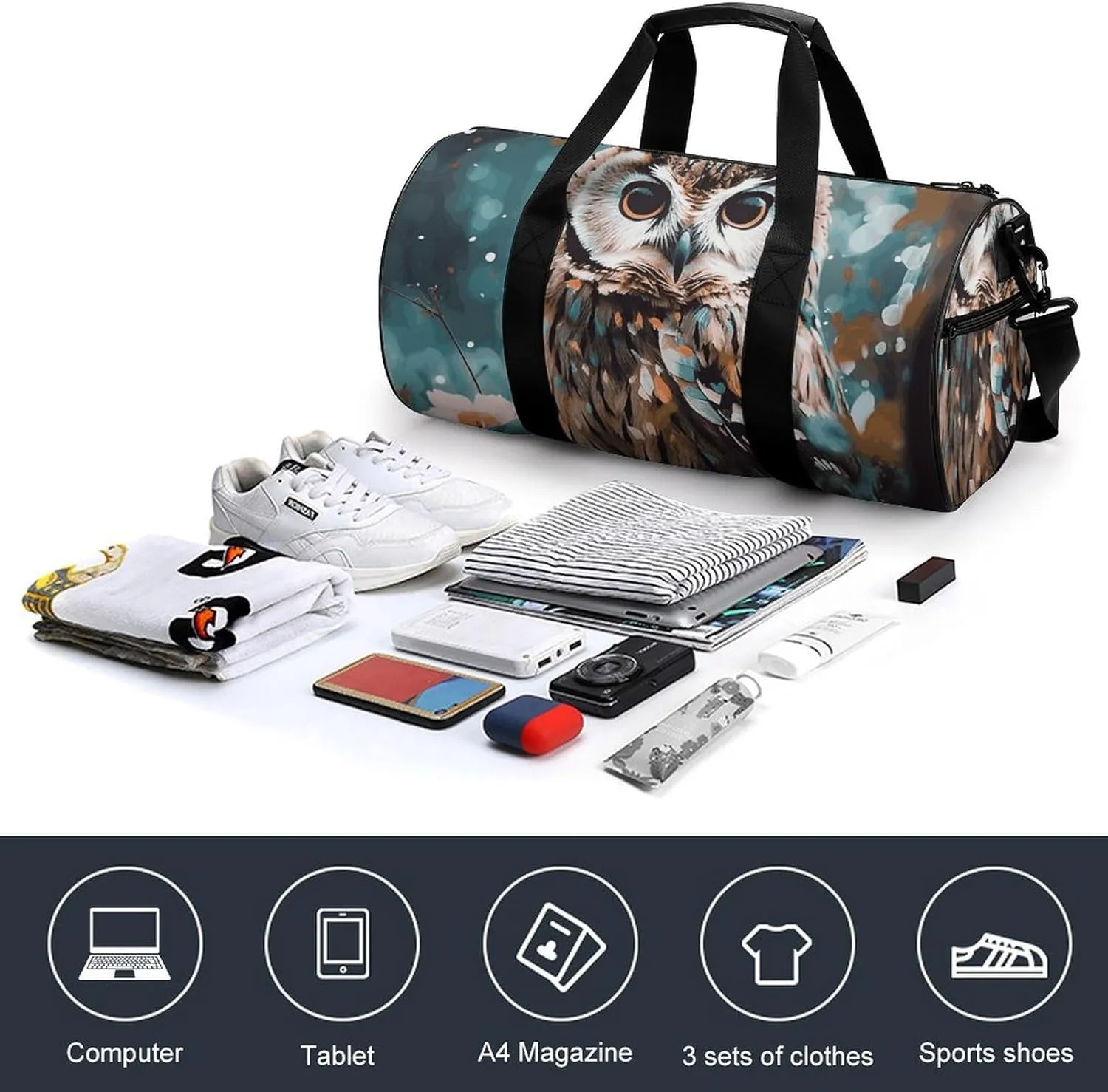 Gym Bag for Men Women Animal Cute Owl Duffel Bag Overnight Bag with Compartment Gym Sackpac