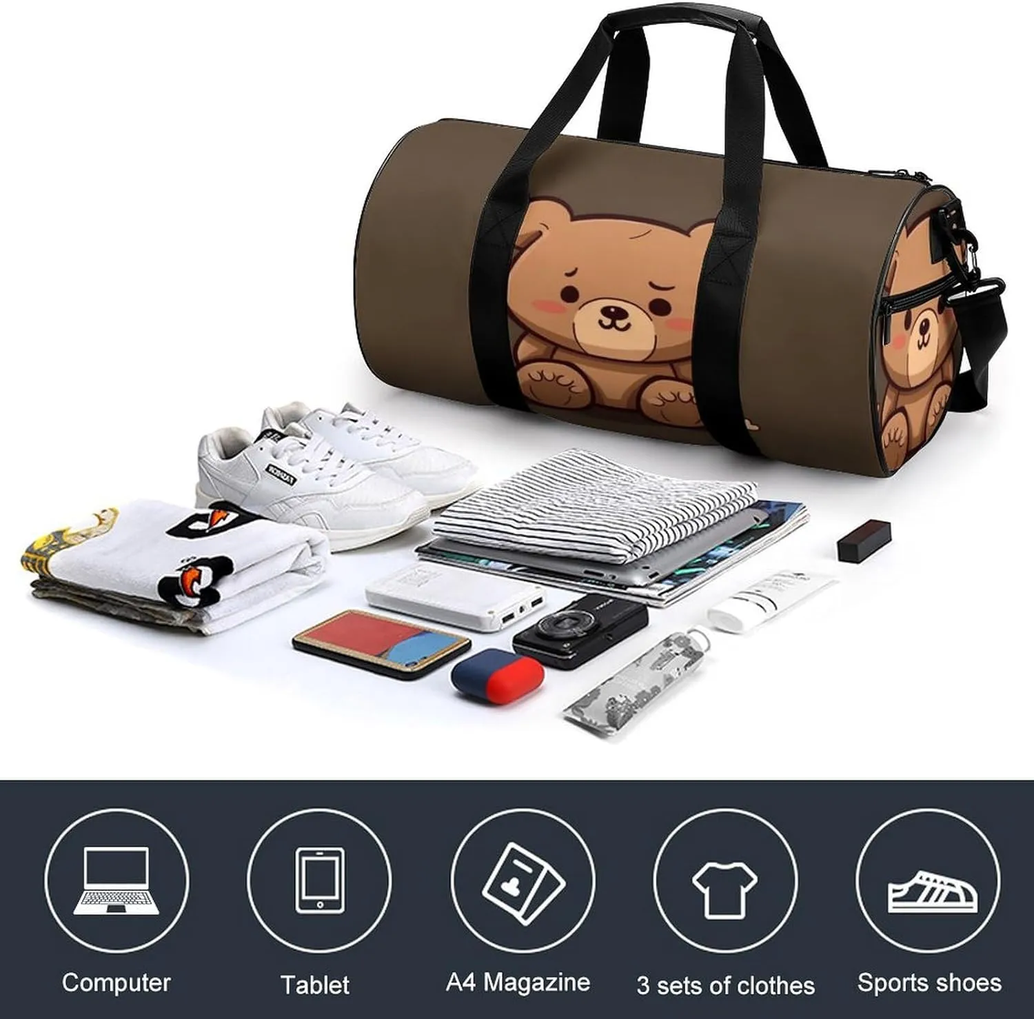 Gym Bag for Men Women Cartoon Brown Cute Bear Duffel Bag Overnight Bag with Compartment Gym Sackpac