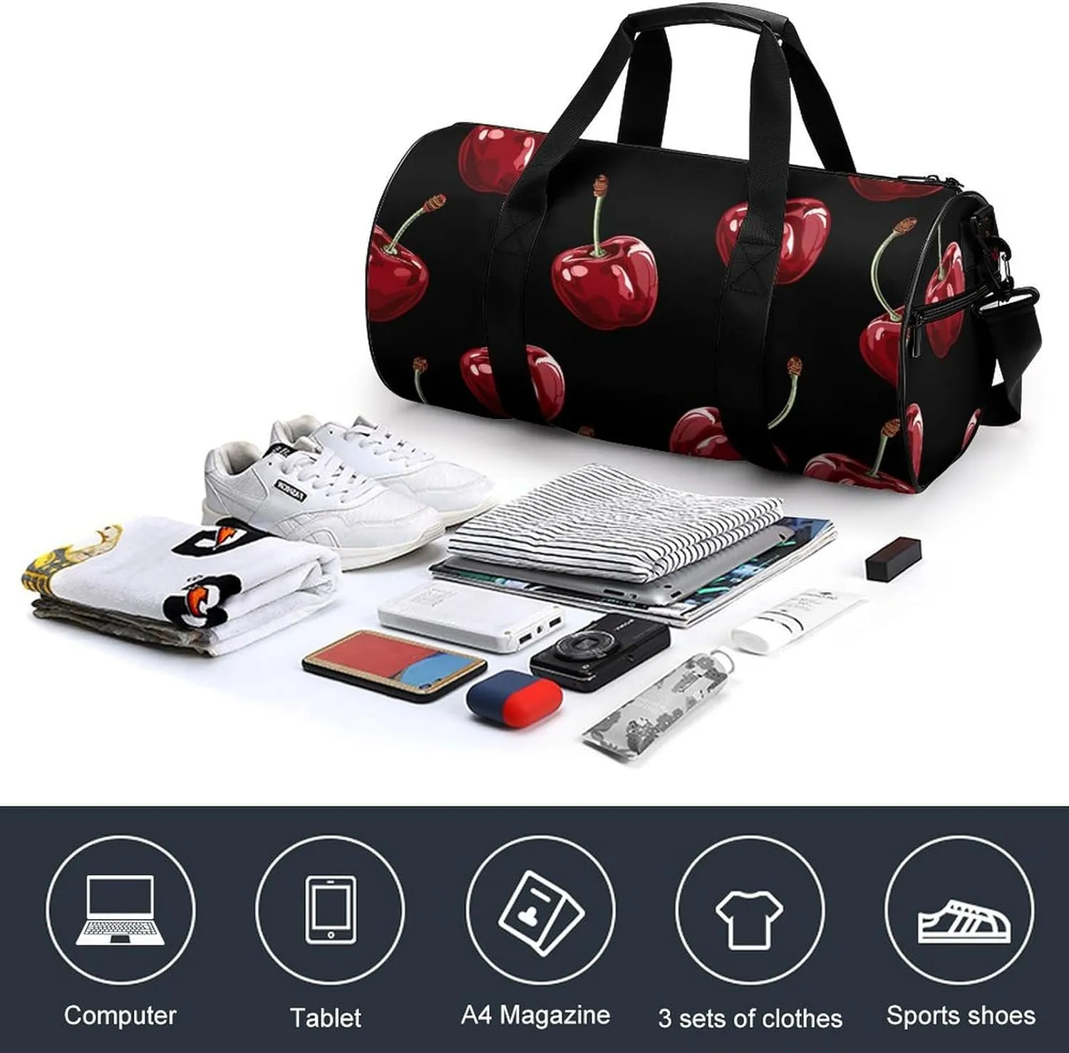 Gym Bag for Men Women Cherry Cartoon Pattern Duffel Bag Overnight Bag with Compartment Gym Sackpac