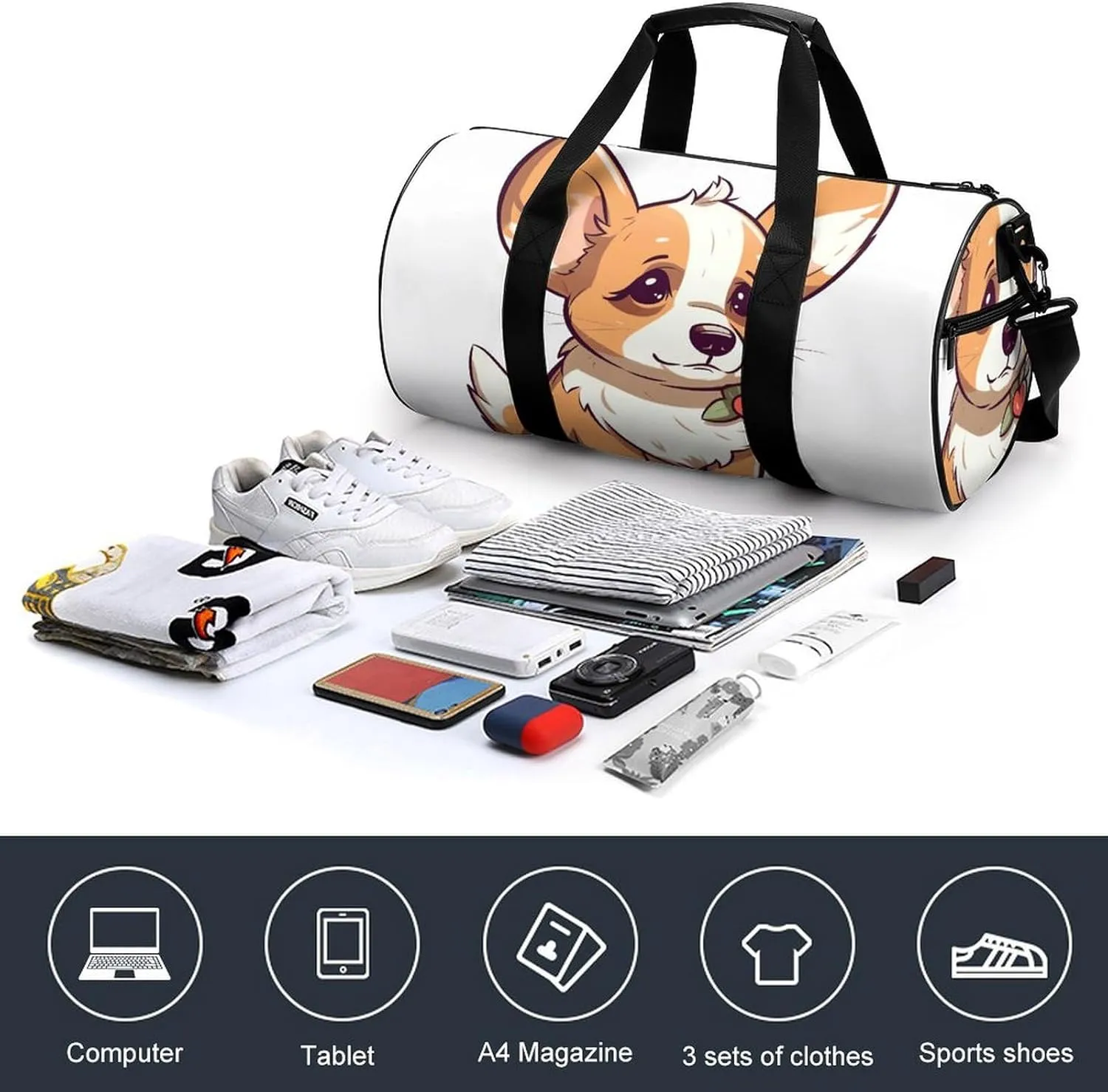 Gym Bag for Men Women Corgi Stickers Duffel Bag Overnight Bag with Compartment Gym Sackpac