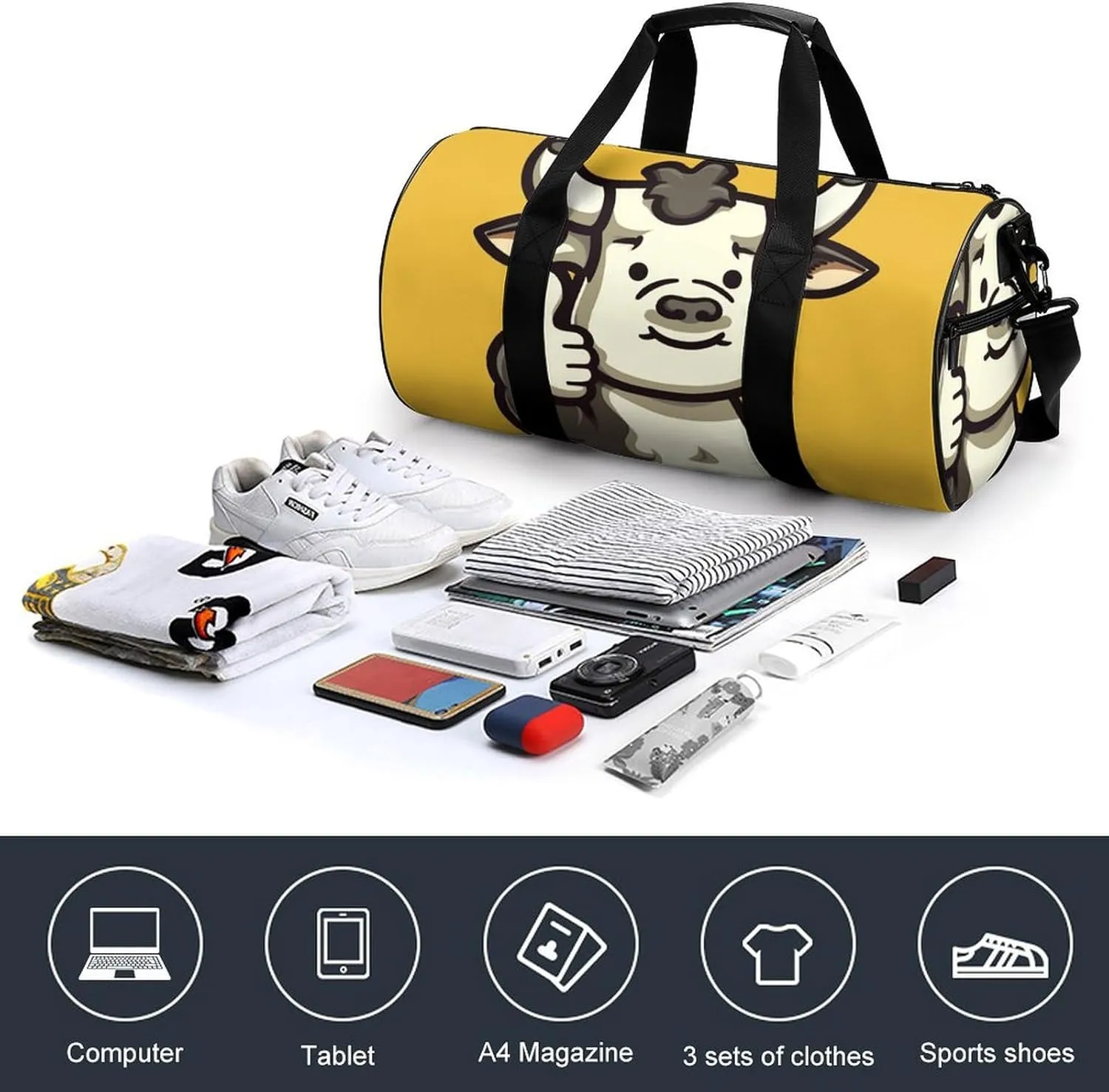 Gym Bag for Men Women Cow Waving Thumbs Up Duffel Bag Overnight Bag with Compartment Gym Sackpac
