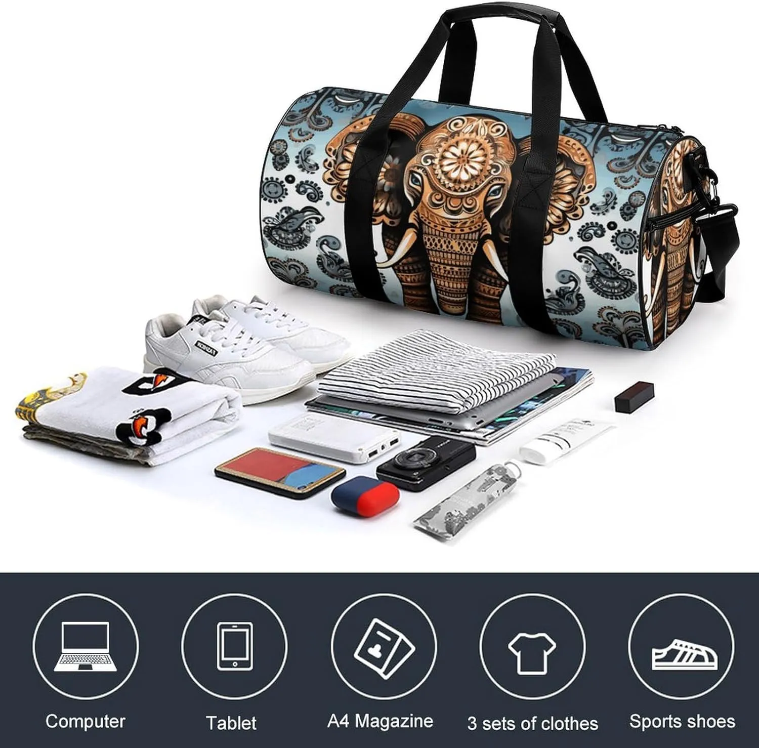 Gym Bag for Men Women Elephant Pattern Duffel Bag Overnight Bag with Compartment Gym Sackpac