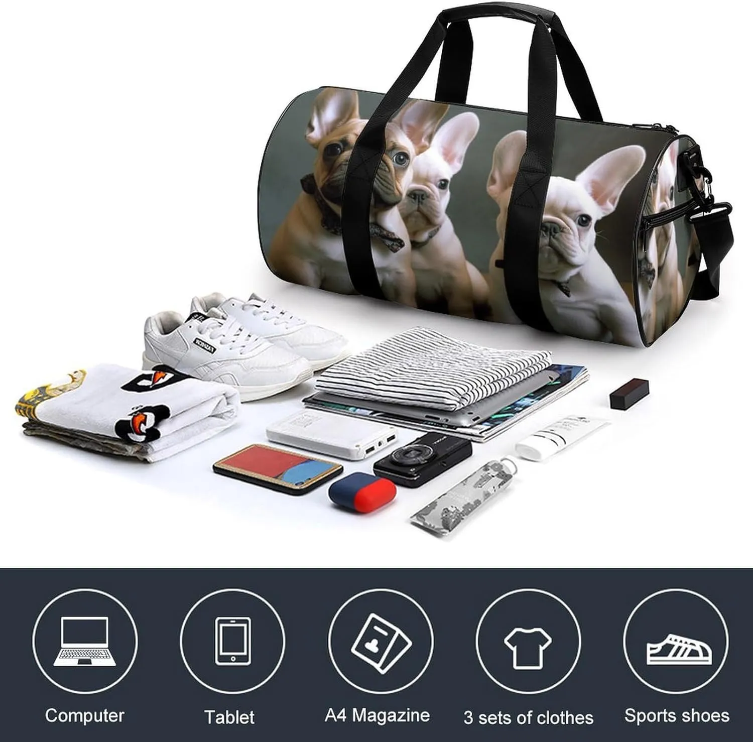 Gym Bag for Men Women French Bulldog Puppies Duffel Bag Overnight Bag with Compartment Gym Sackpac