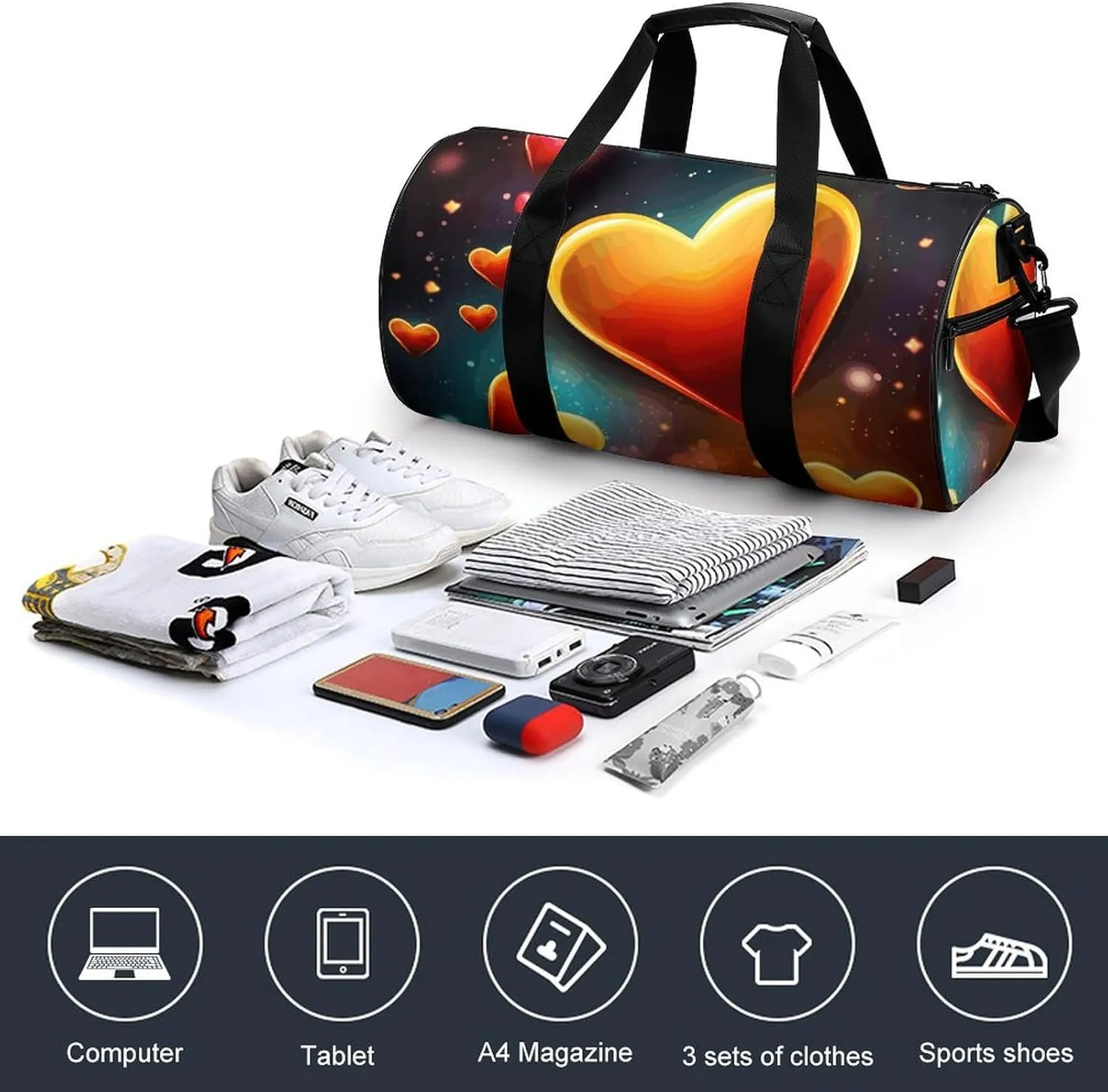 Gym Bag for Men Women Hearts And Stars Duffel Bag Overnight Bag with Compartment Gym Sackpac