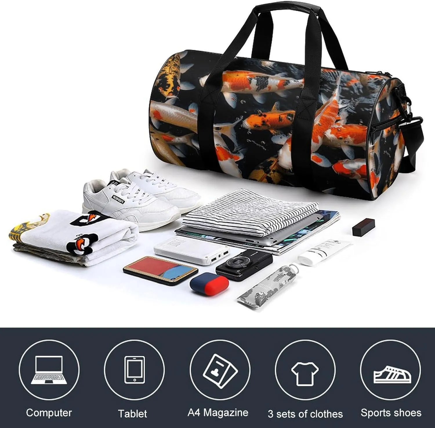 Gym Bag for Men Women Japan Fancy Carp Fishes Duffel Bag Overnight Bag with Compartment Gym Sackpac