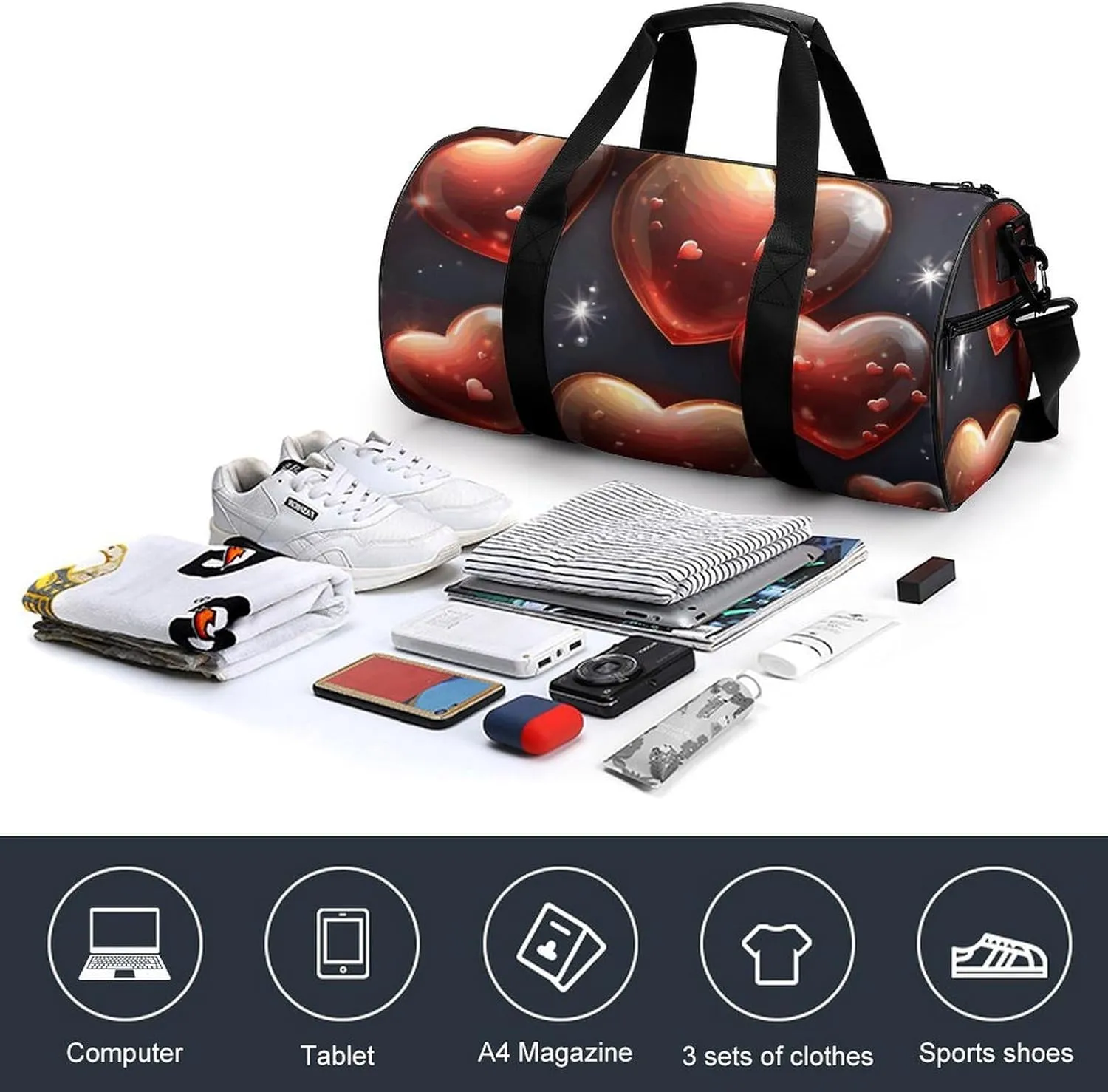 Gym Bag for Men Women Love Heart Shape Duffel Bag Overnight Bag with Compartment Gym Sackpac