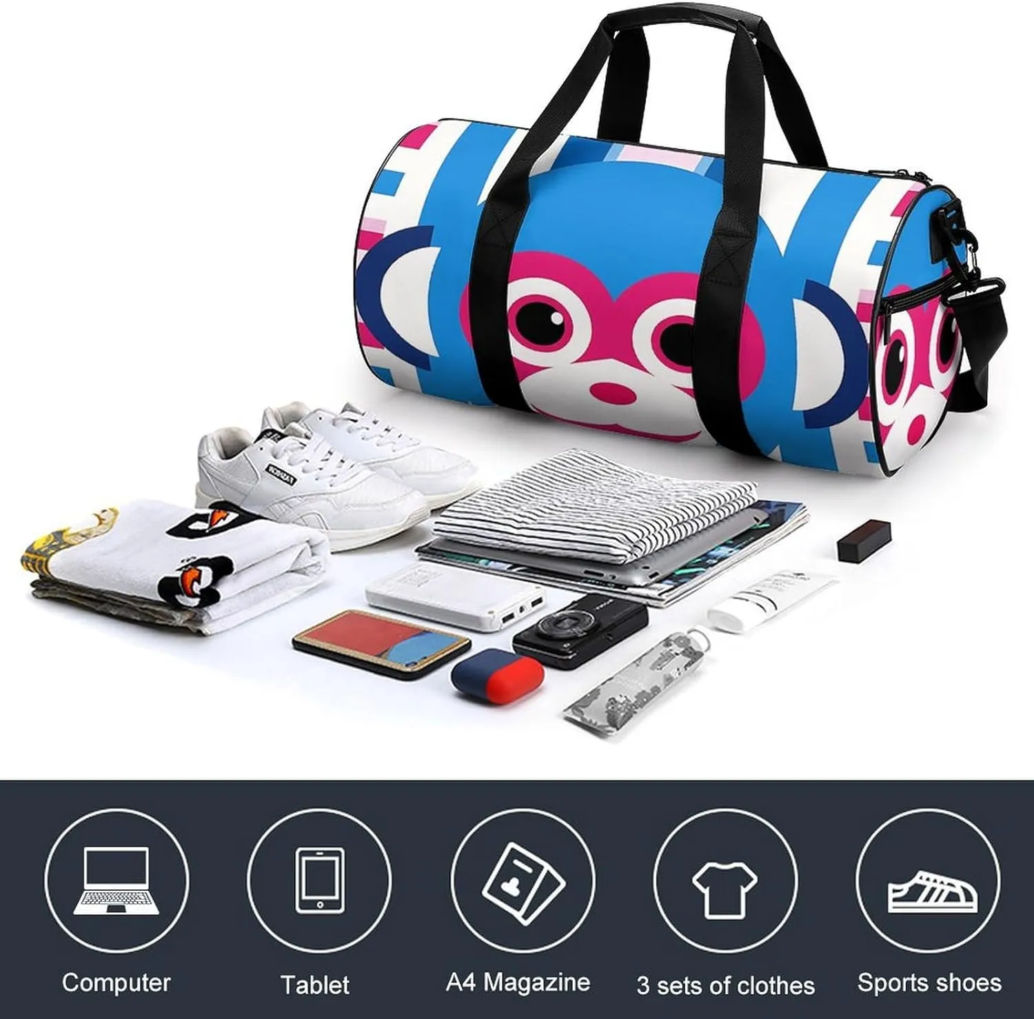 Gym Bag for Men Women Lucky Monkey Face Duffel Bag Overnight Bag with Compartment Gym Sackpac