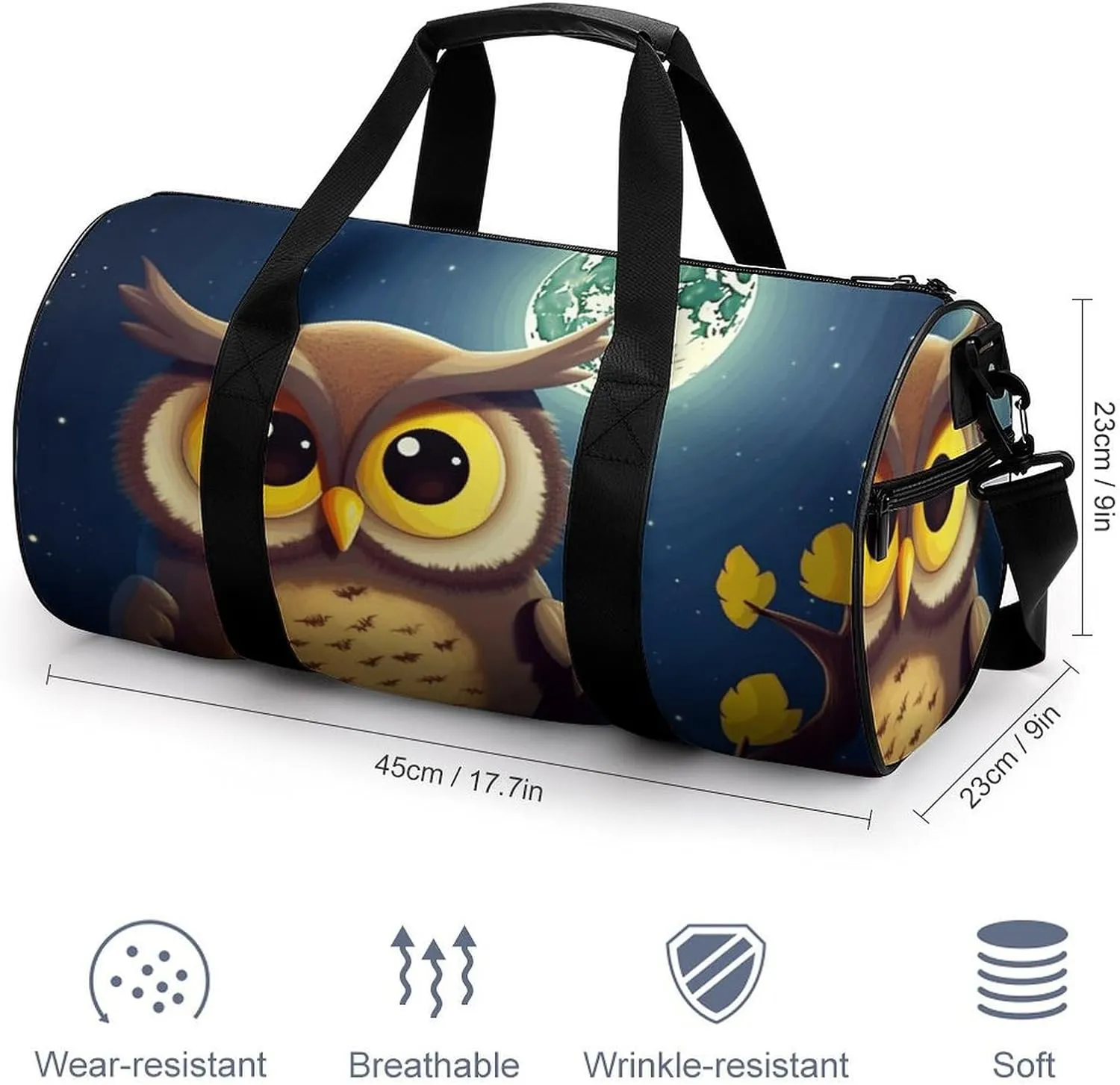 Gym Bag for Men Women Owl And Yellow Moon Duffel Bag Overnight Bag with Compartment Gym Sackpac