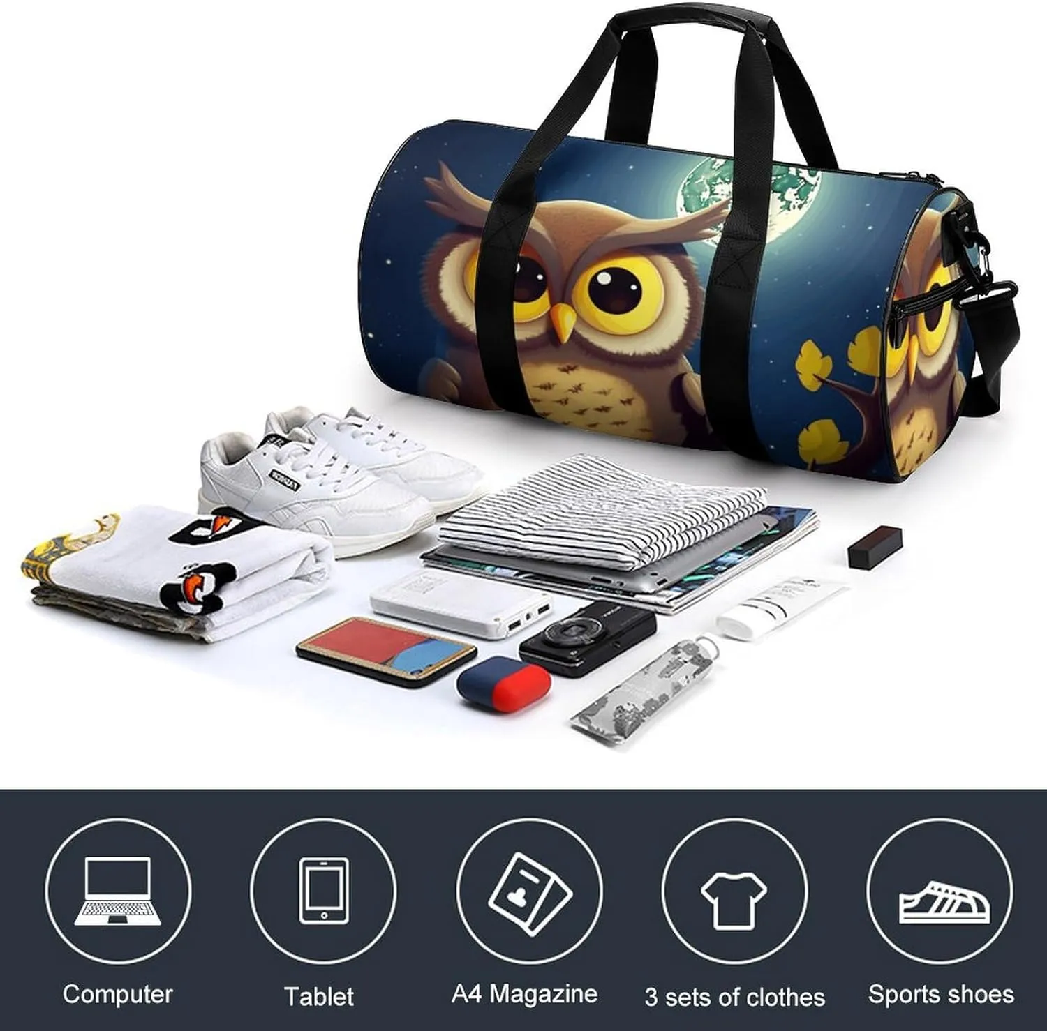 Gym Bag for Men Women Owl And Yellow Moon Duffel Bag Overnight Bag with Compartment Gym Sackpac