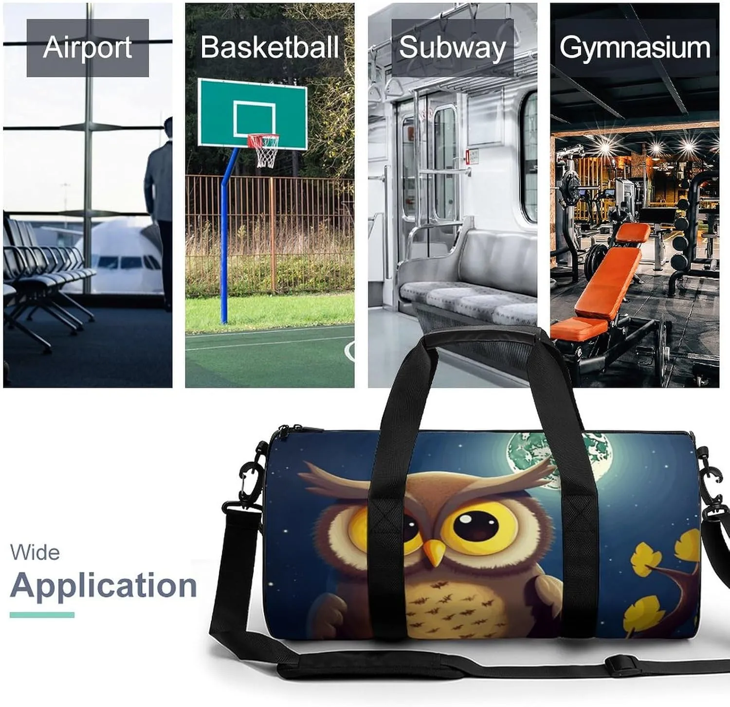 Gym Bag for Men Women Owl And Yellow Moon Duffel Bag Overnight Bag with Compartment Gym Sackpac