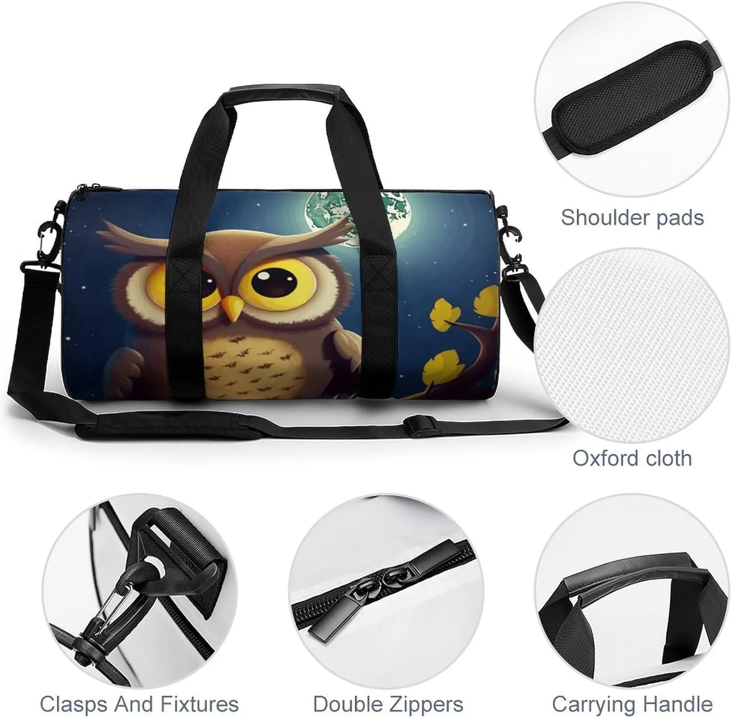 Gym Bag for Men Women Owl And Yellow Moon Duffel Bag Overnight Bag with Compartment Gym Sackpac