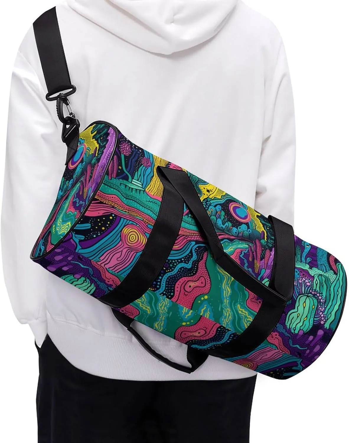 Gym Bag for Men Women Psychedelic Style Lines Duffel Bag Overnight Bag with Compartment Gym Sackpac