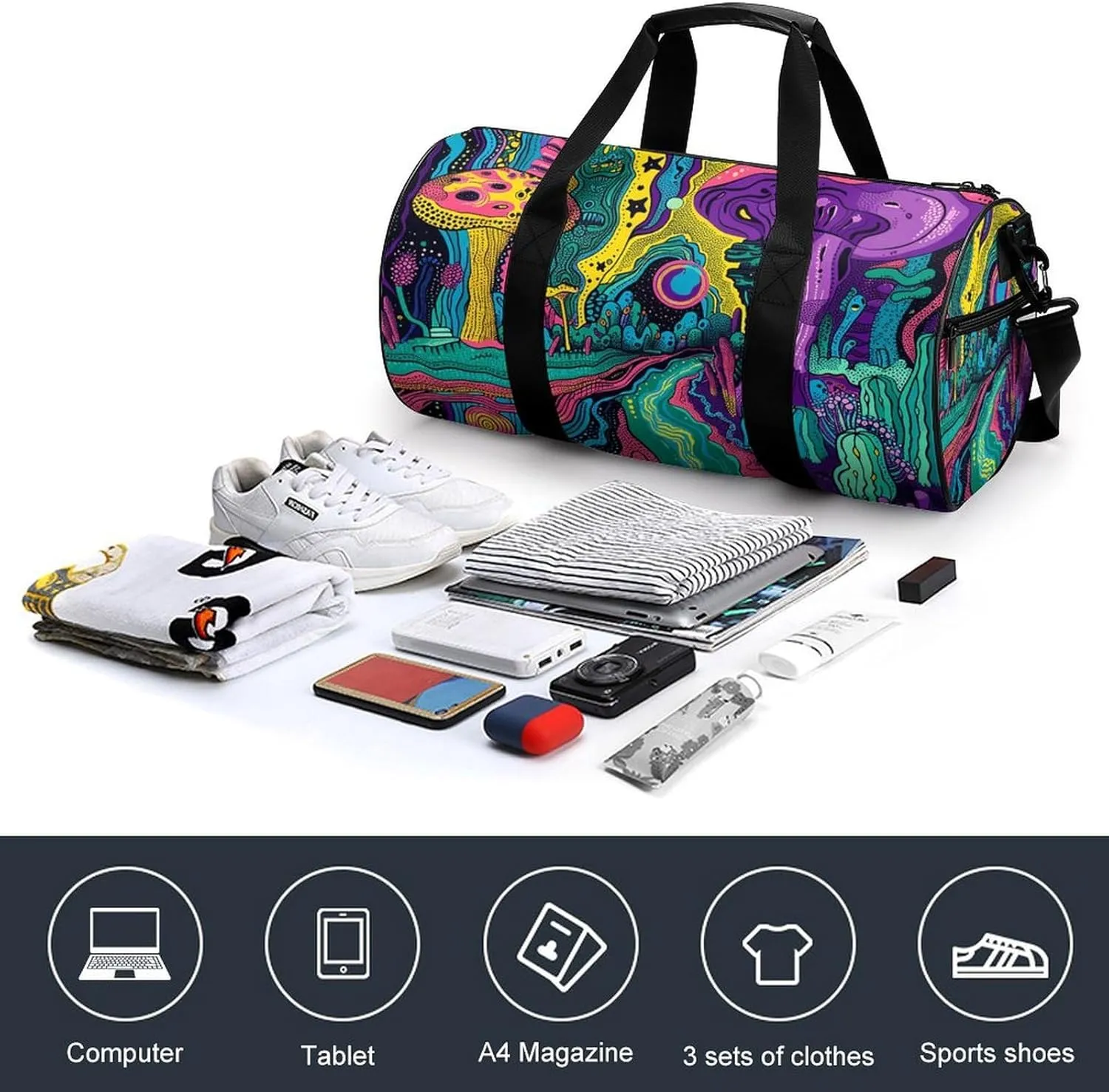 Gym Bag for Men Women Psychedelic Style Lines Duffel Bag Overnight Bag with Compartment Gym Sackpac