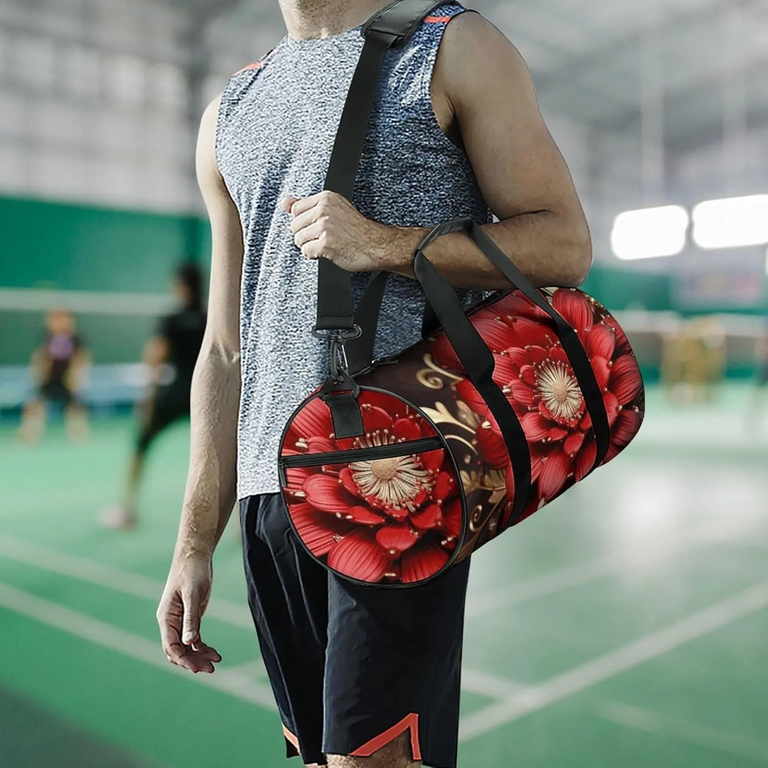 Gym Bag for Men Women Red Gold Flower Duffel Bag Overnight Bag with Compartment Gym Sackpac