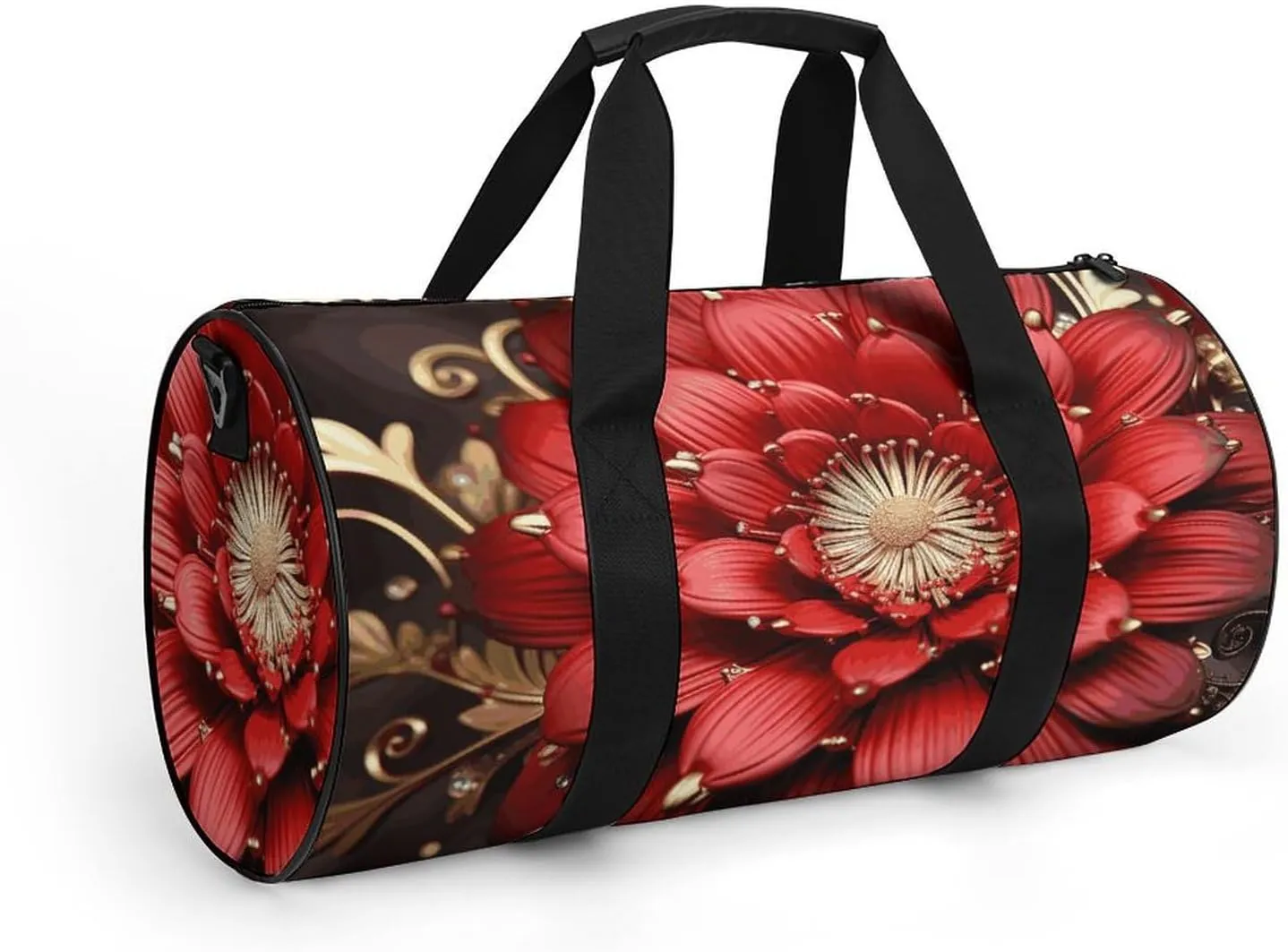 Gym Bag for Men Women Red Gold Flower Duffel Bag Overnight Bag with Compartment Gym Sackpac