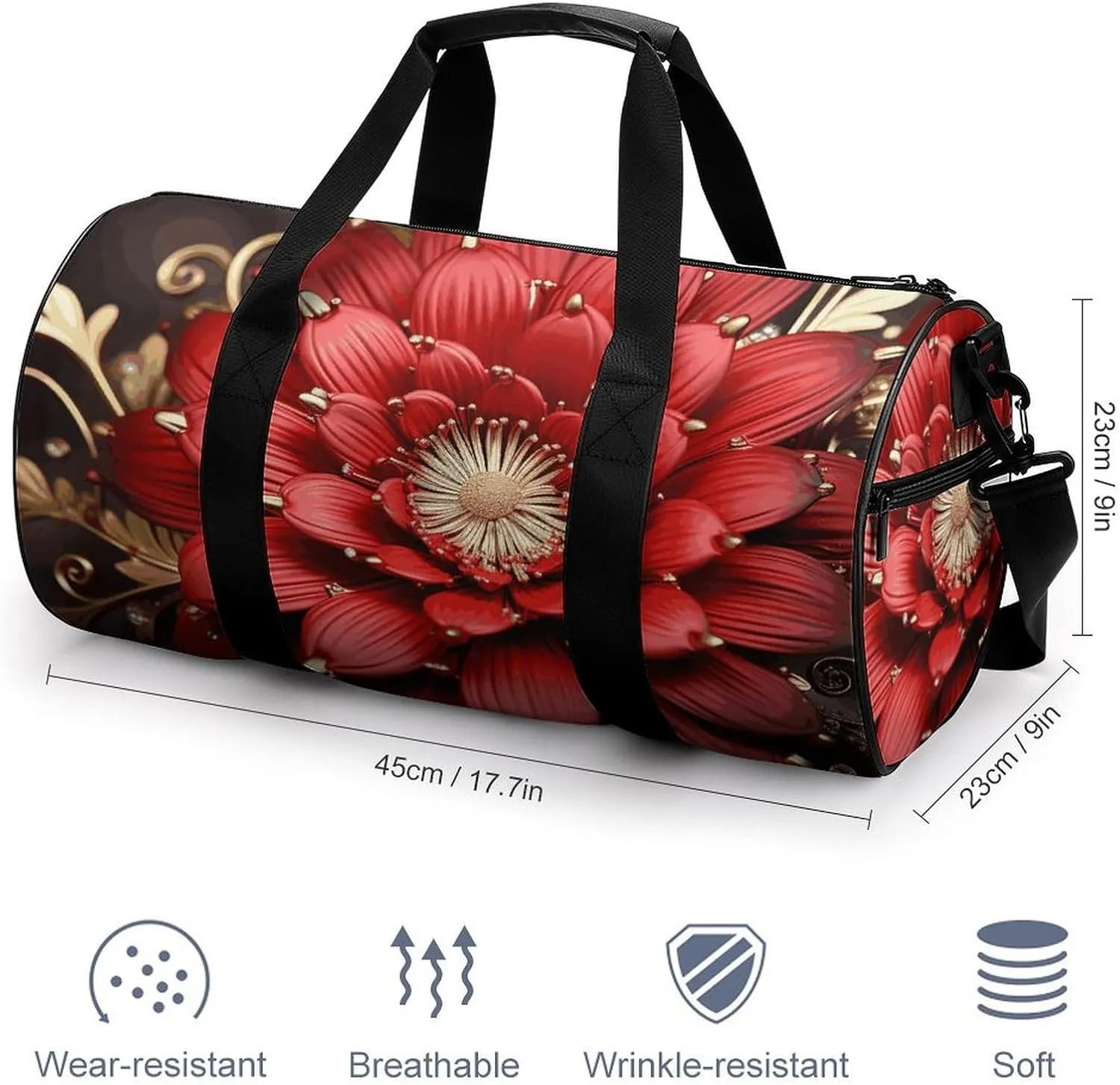 Gym Bag for Men Women Red Gold Flower Duffel Bag Overnight Bag with Compartment Gym Sackpac