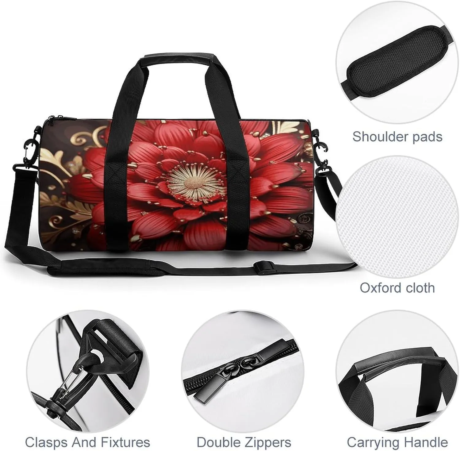 Gym Bag for Men Women Red Gold Flower Duffel Bag Overnight Bag with Compartment Gym Sackpac