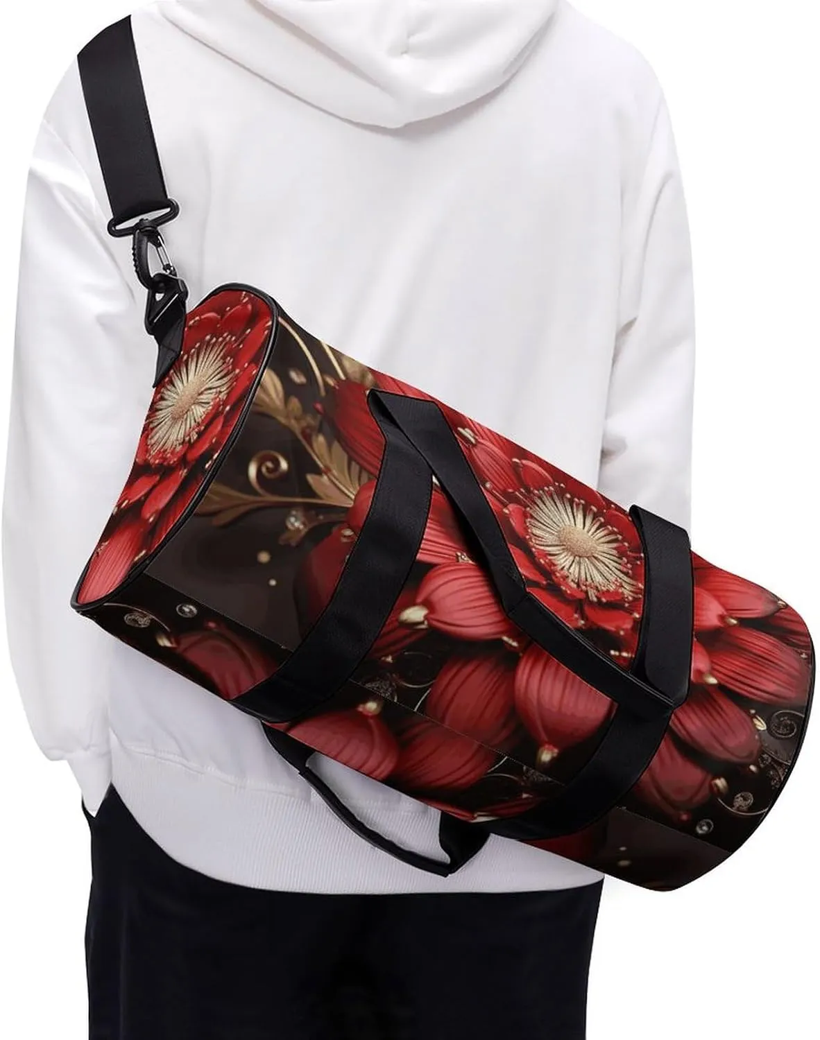 Gym Bag for Men Women Red Gold Flower Duffel Bag Overnight Bag with Compartment Gym Sackpac